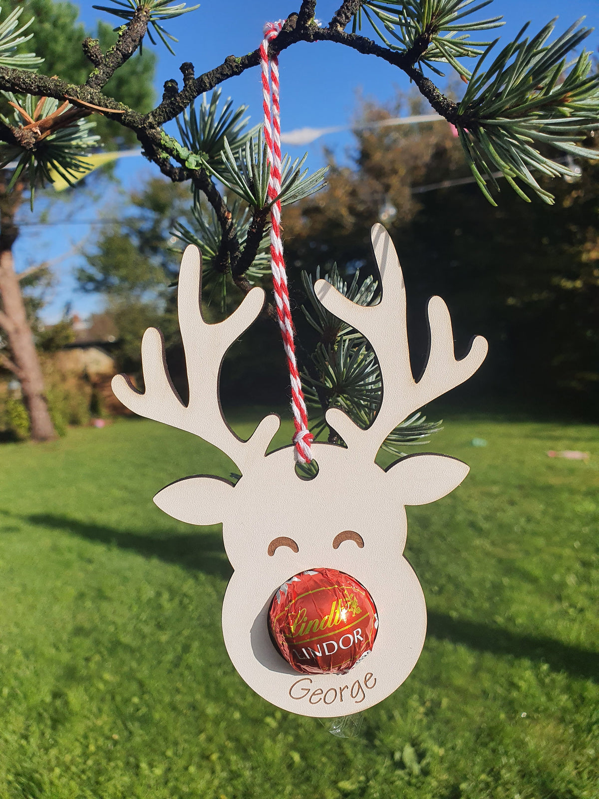 Personalised wooden reindeer chocolate holder