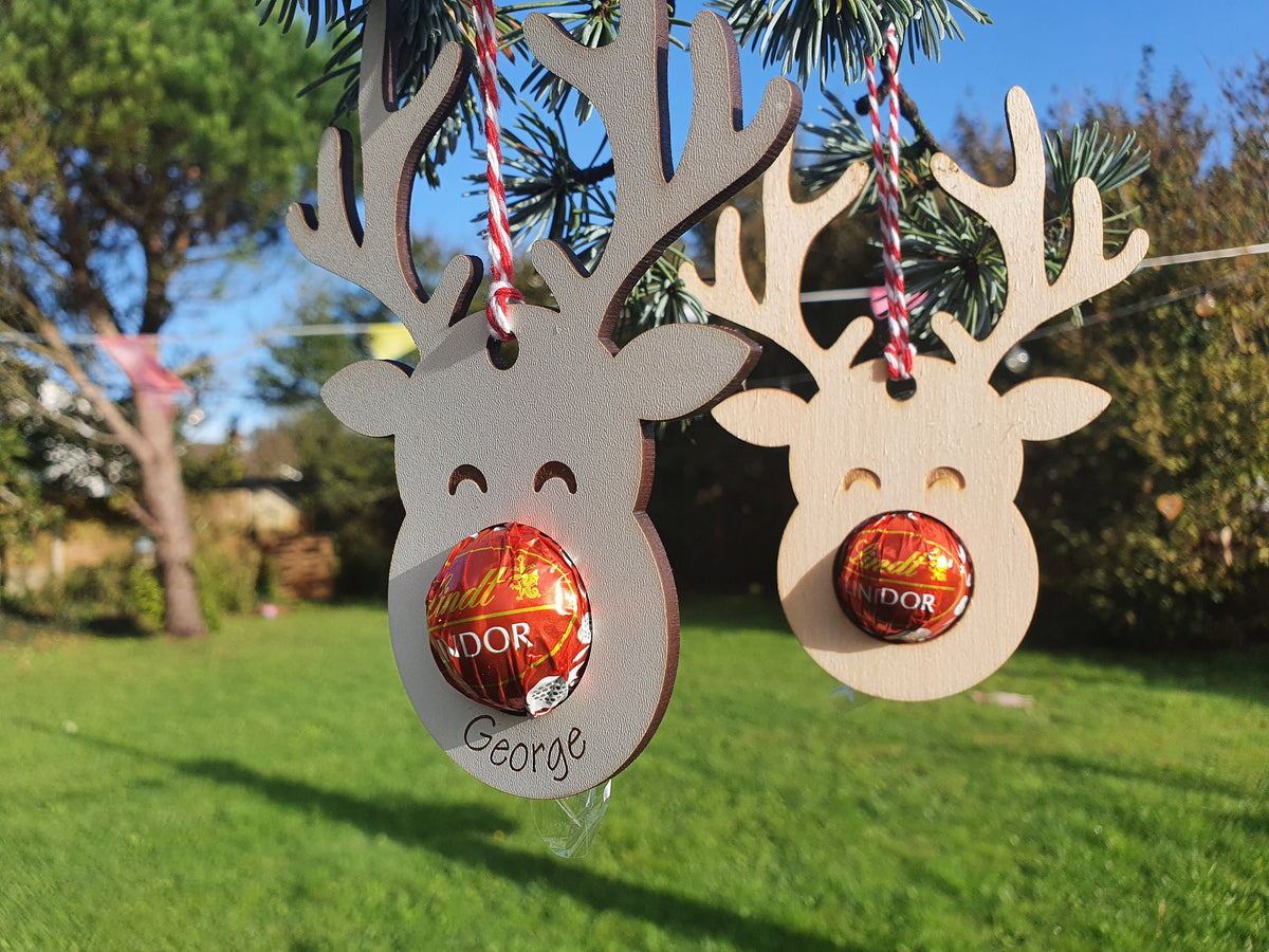 Personalised wooden reindeer chocolate holder