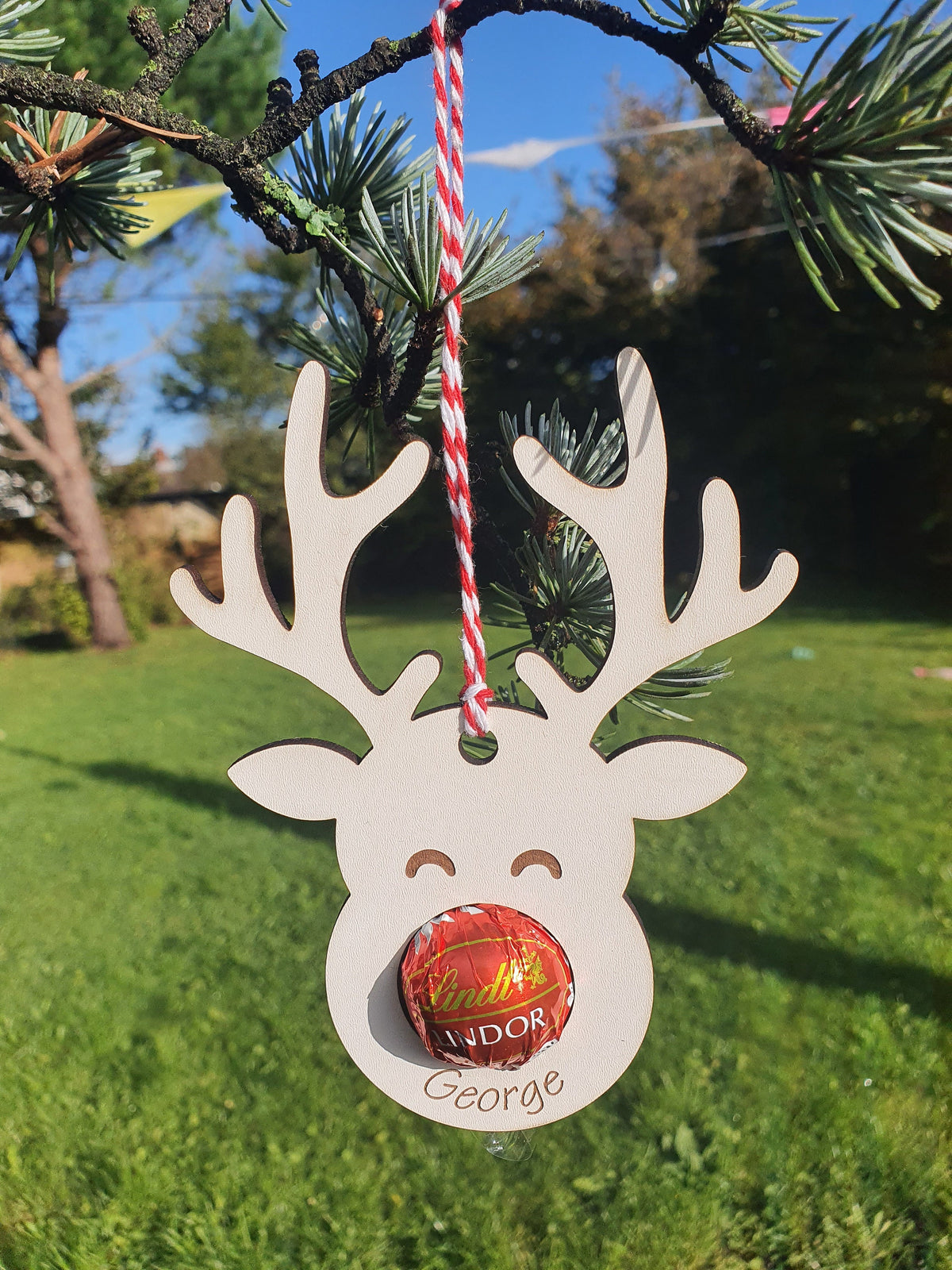 Personalised wooden reindeer chocolate holder