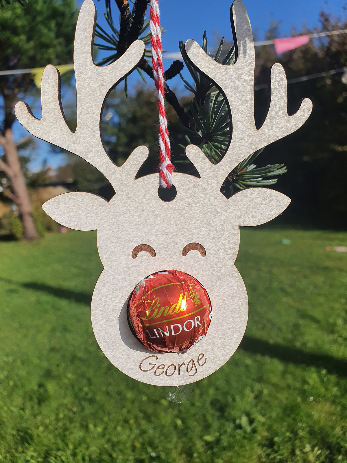 Personalised wooden reindeer chocolate holder