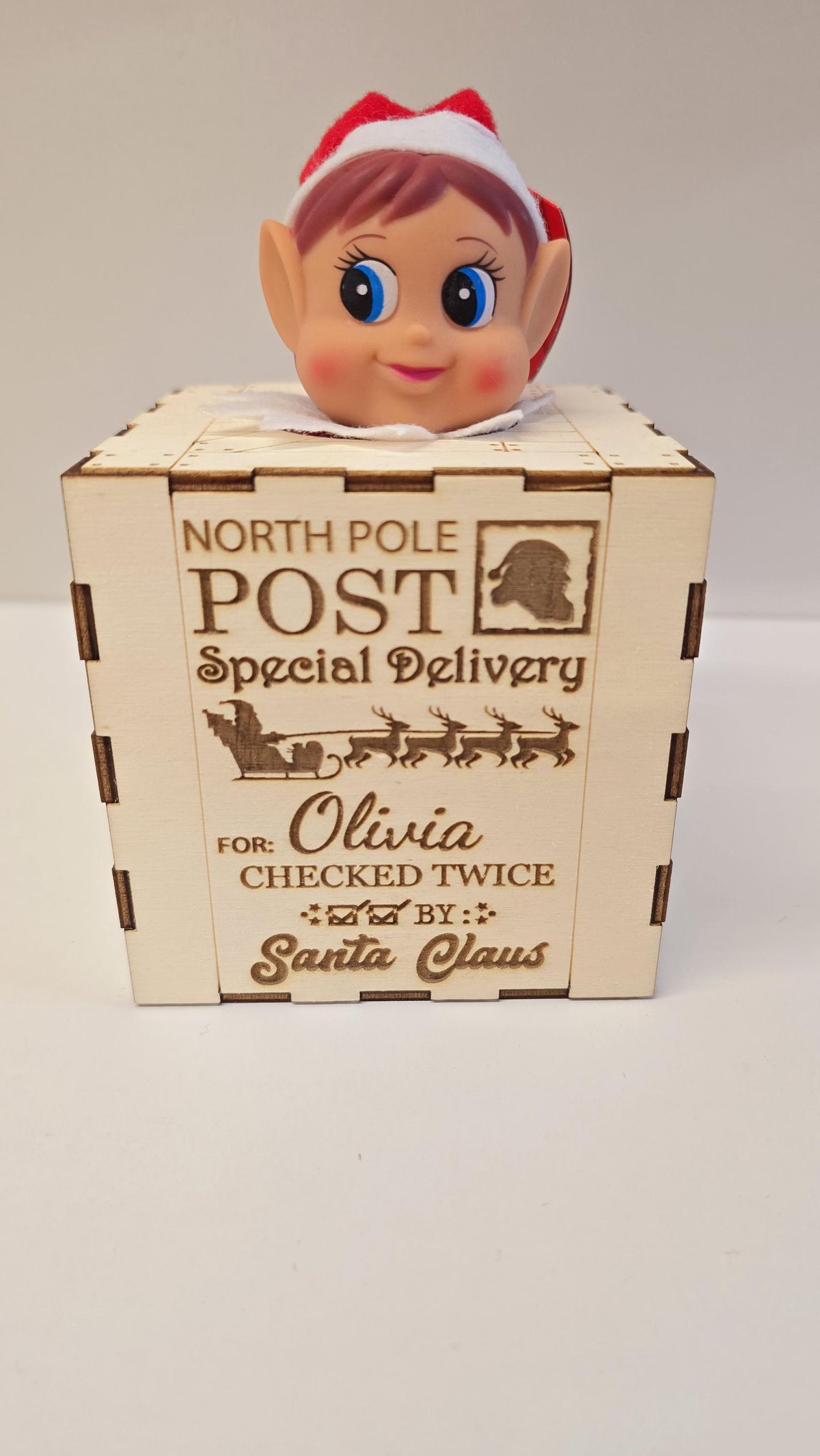 Personalised engraved wooden elf arrival box