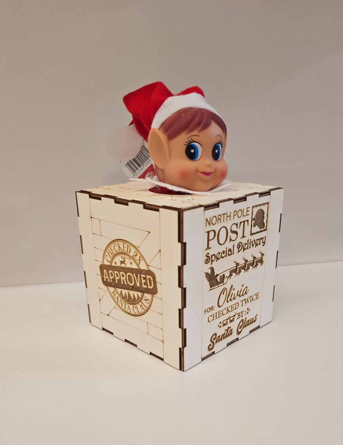 Personalised engraved wooden elf arrival box