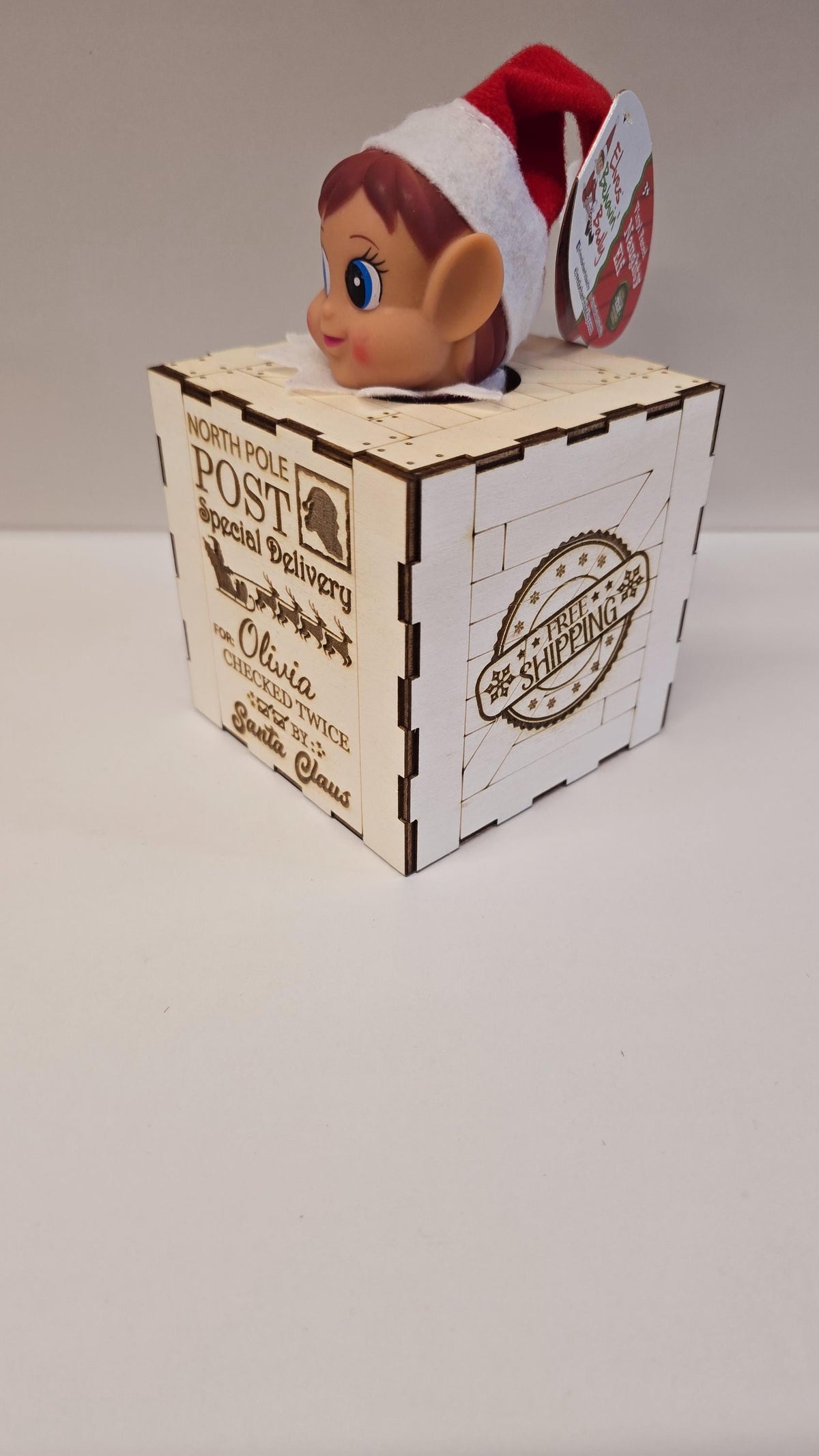 Personalised engraved wooden elf arrival box
