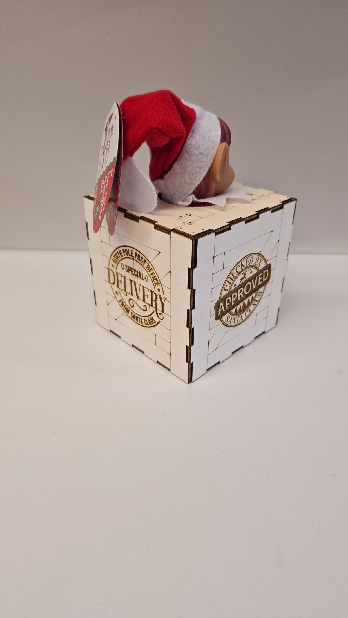 Personalised engraved wooden elf arrival box