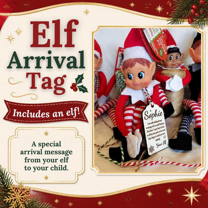Personalised elf arrival tag with elf