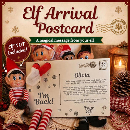 Personalised wooden elf arrival postcard, elf not included
