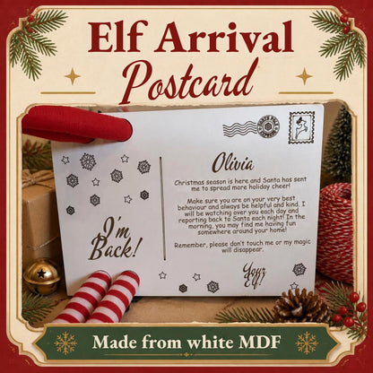 Personalised elf arrival postcard with elf