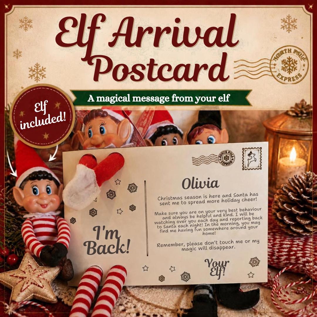 Personalised elf arrival postcard with elf