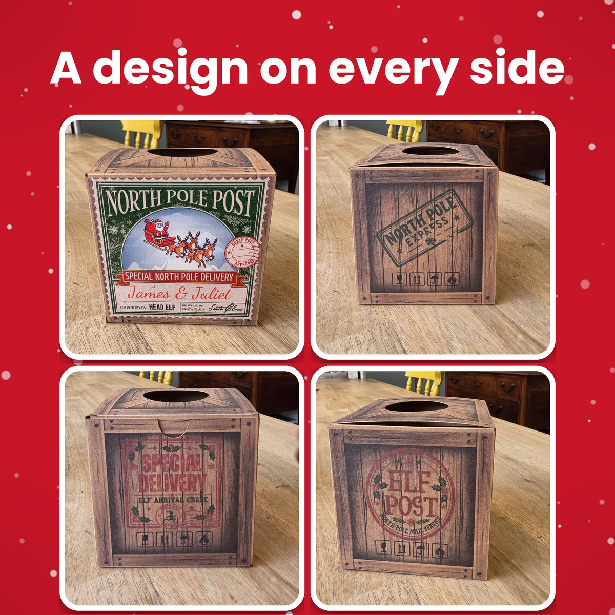 Every side of the elf arrival box: Special Delivery, Elf Post and North Pole Express
